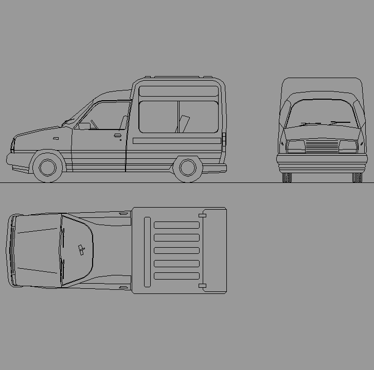 Bloque Autocad Vista de Renault Expres en Alzado, Perfil y Planta